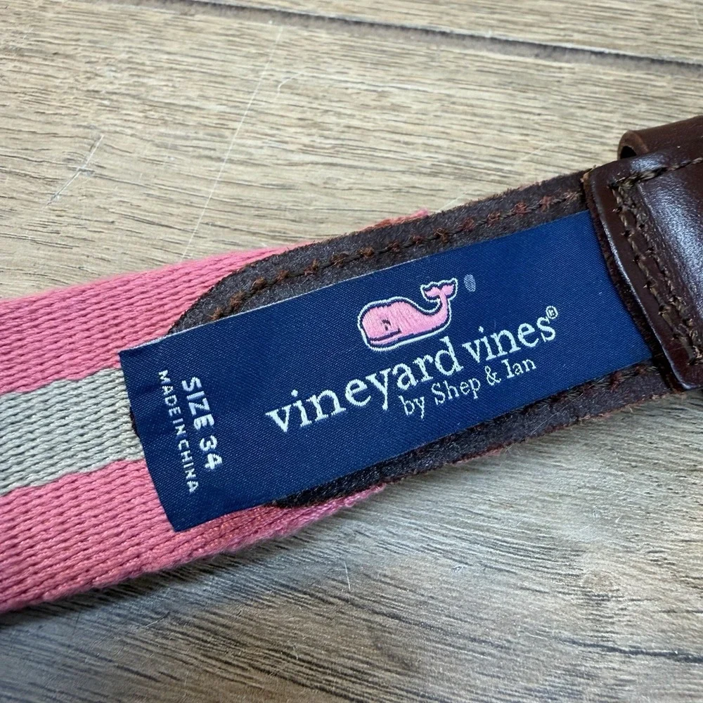 Vineyard Vines Canvas Leather Belt Mens 34 Pink Gray Brown Cowhide Buckle 1.5